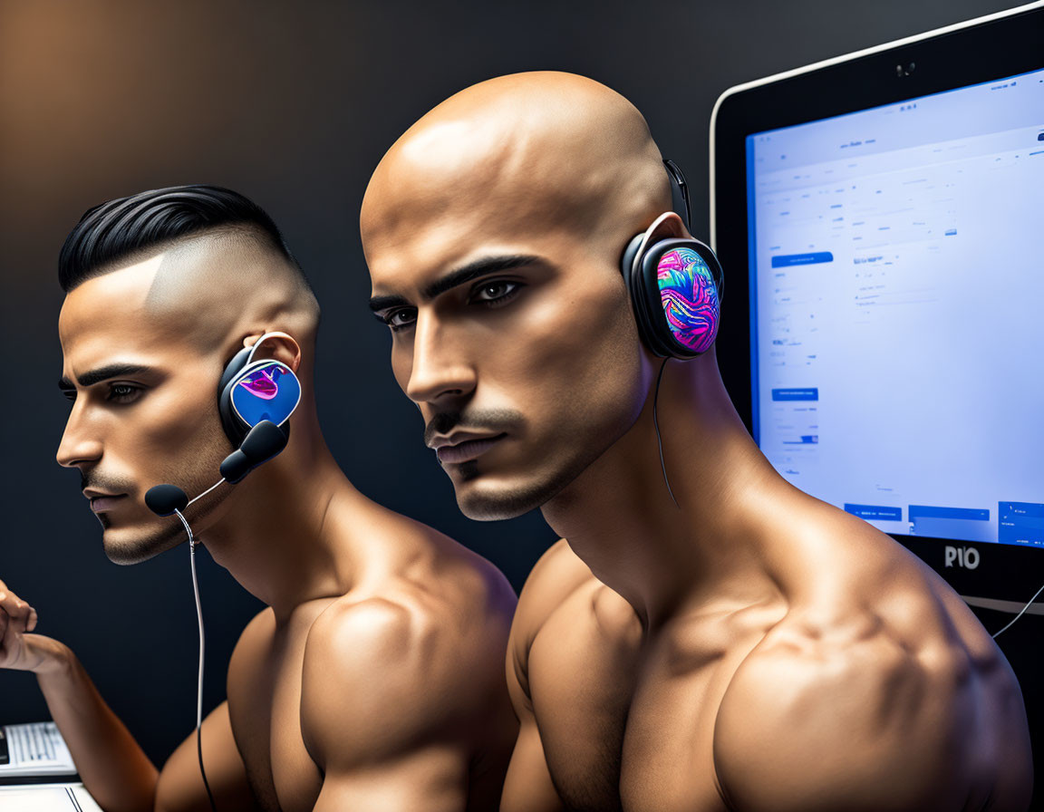 Mannequin heads with headsets and colorful design beside a computer screen