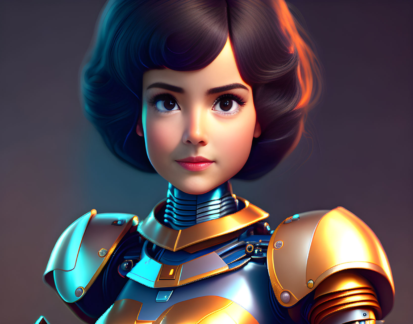 Female character in gold and blue futuristic armor with bobbed hair under warm lighting