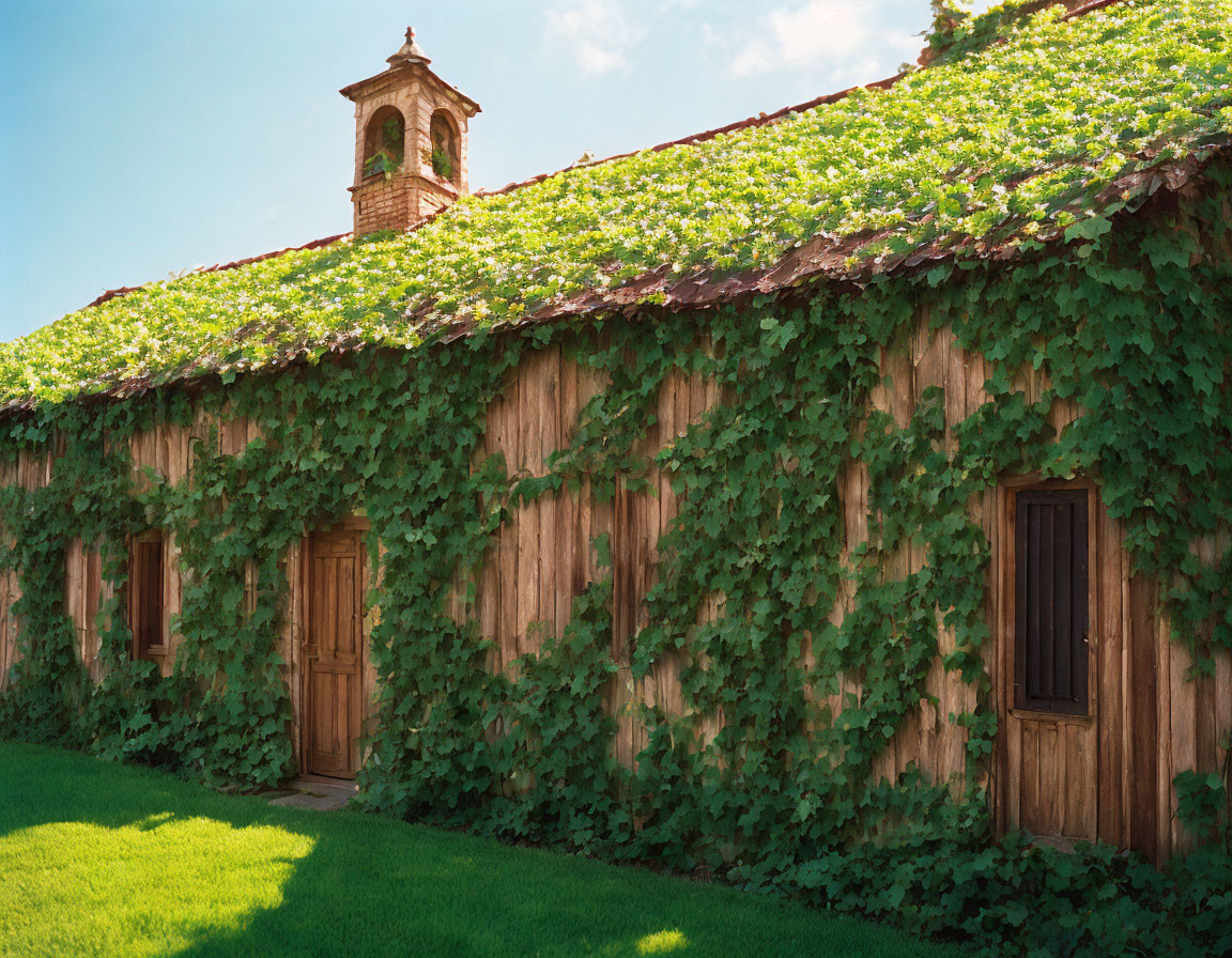 Ivy-covered wooden building with bell tower under blue sky