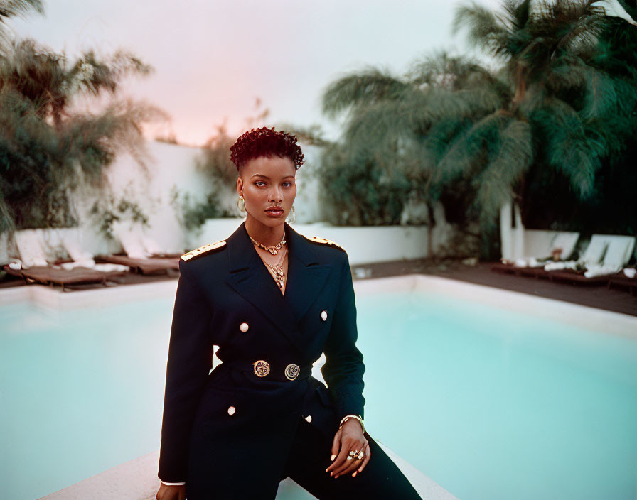 Stylish woman in navy blue jacket by pool at sunset