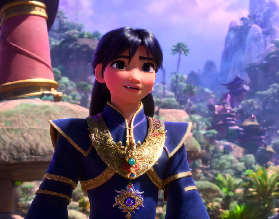 Long-haired female character in blue and gold attire smiling in vibrant jungle scenery