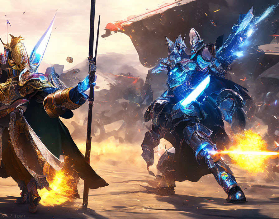 Armored knights in golden and silver armor clash with glowing blue swords