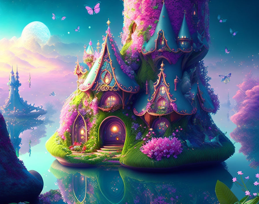 Fantastical treehouse with vibrant flowers, butterflies, illuminated windows, and whimsical towers at twilight