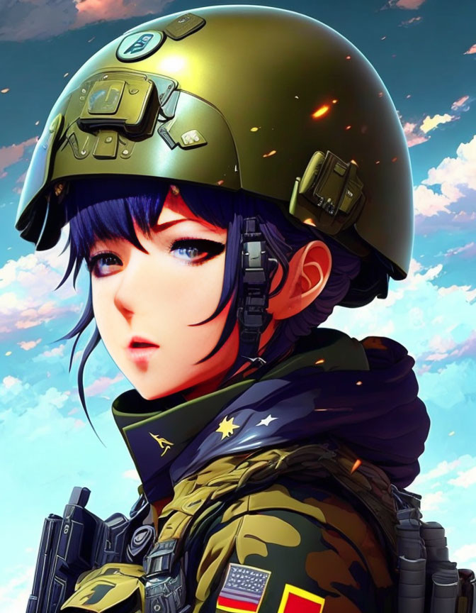 Blue-haired anime character in military uniform against sky background