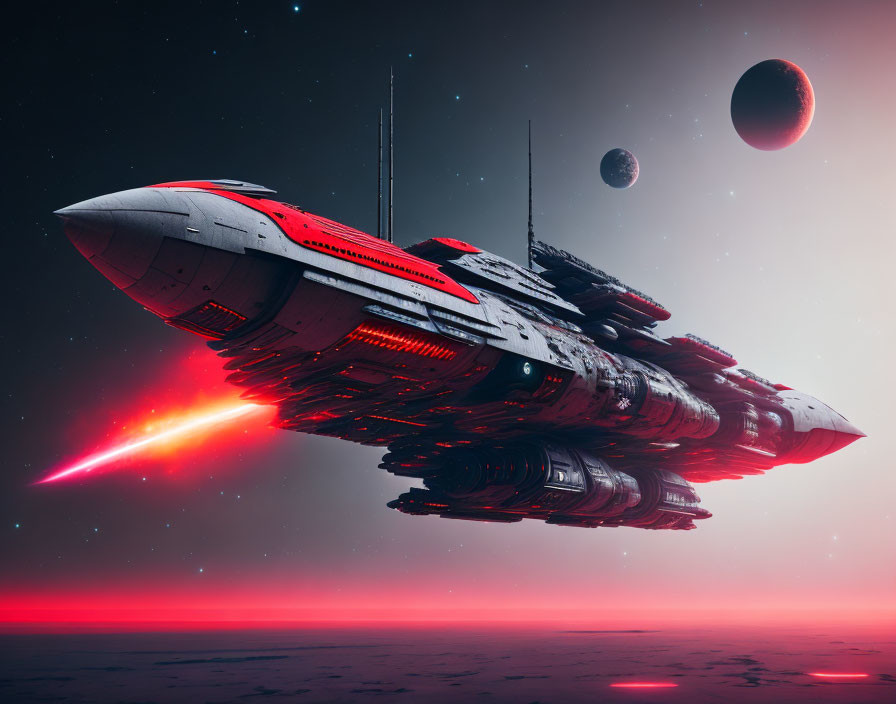 Futuristic spaceship firing red and white lights in cosmic scene