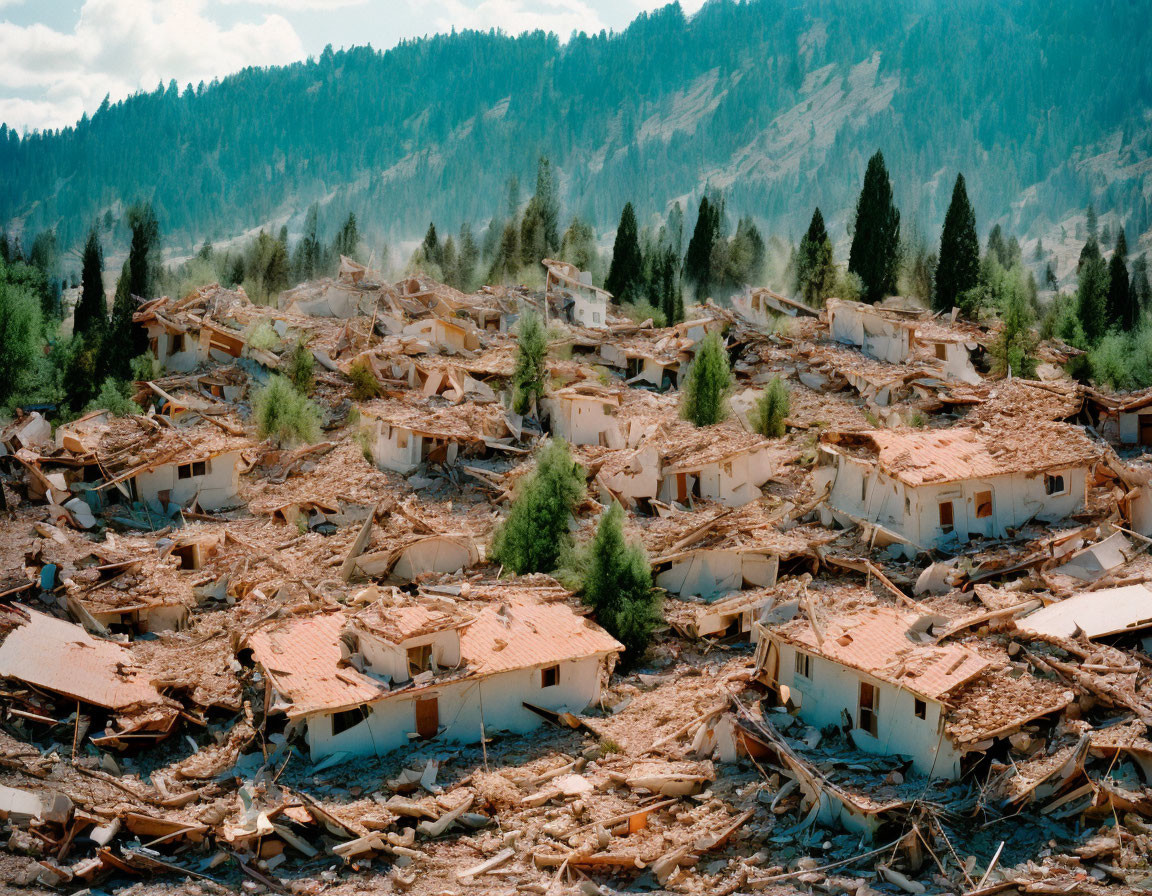 Devastated landscape with collapsed buildings, debris, forest, mountains.