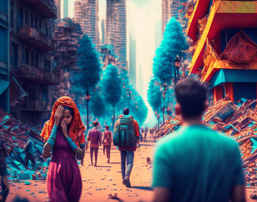 Woman in red dress amidst chaotic street scene with towering buildings