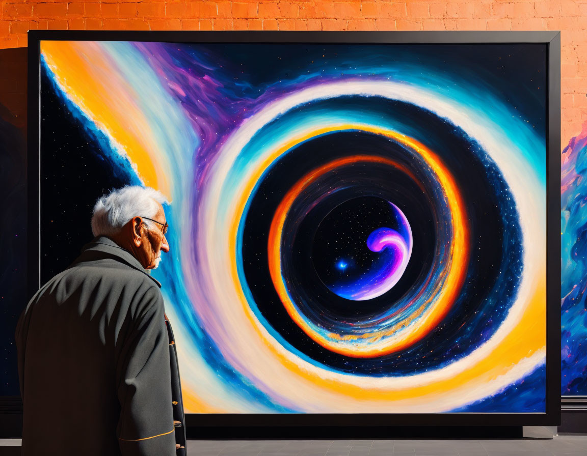 Elderly individual views vibrant black hole painting