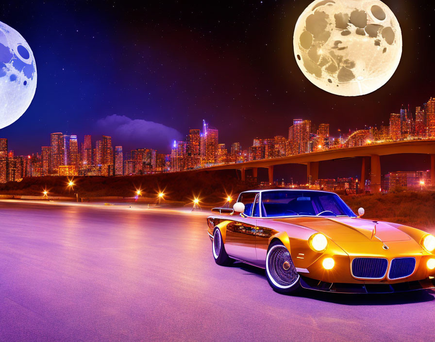 Vintage car on city road with dual moons in vibrant night sky