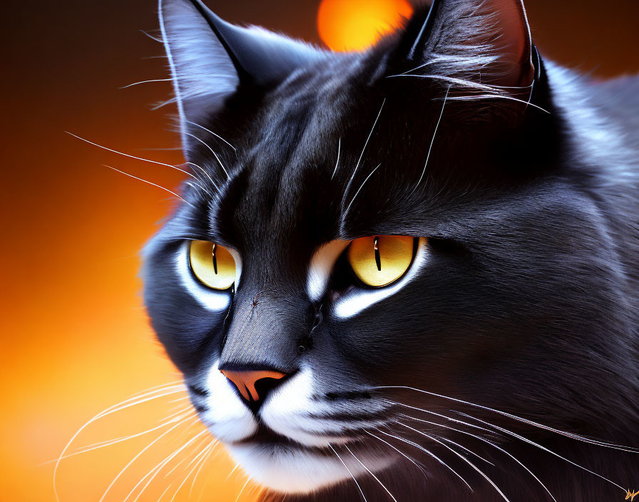 Black cat with piercing yellow eyes on orange background