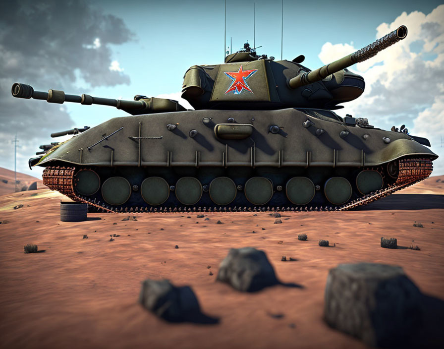 Detailed 3D rendering of Soviet-era tank with red star emblem in desert landscape