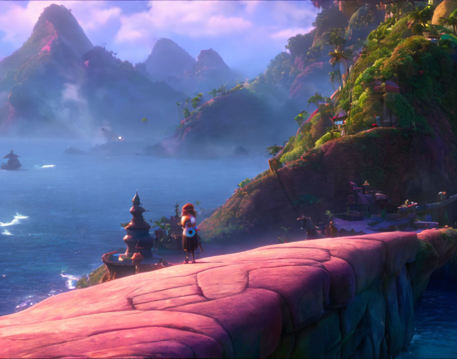 Animated character on cliff overlooking vibrant island landscape.