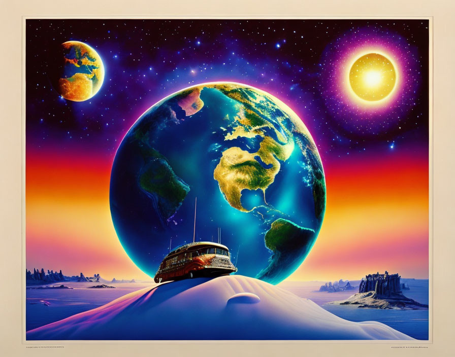 Surreal artwork: Oversized Earth over desert with house, planet, and sun