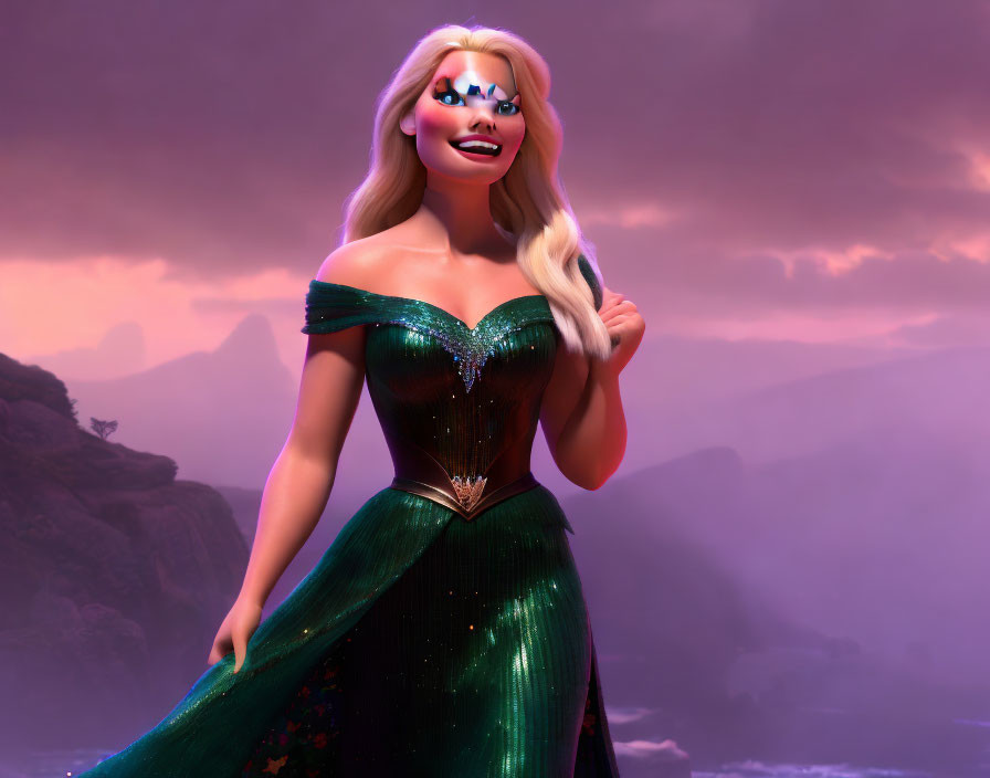 Blonde animated character in green dress with masquerade mask against purple sky