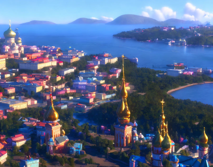 Golden-domed buildings in coastal cityscape at sunset with calm sea and boats.