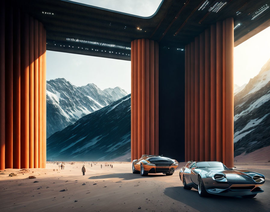 Futuristic cars parked under massive structure with tall columns, snowy mountain landscape.