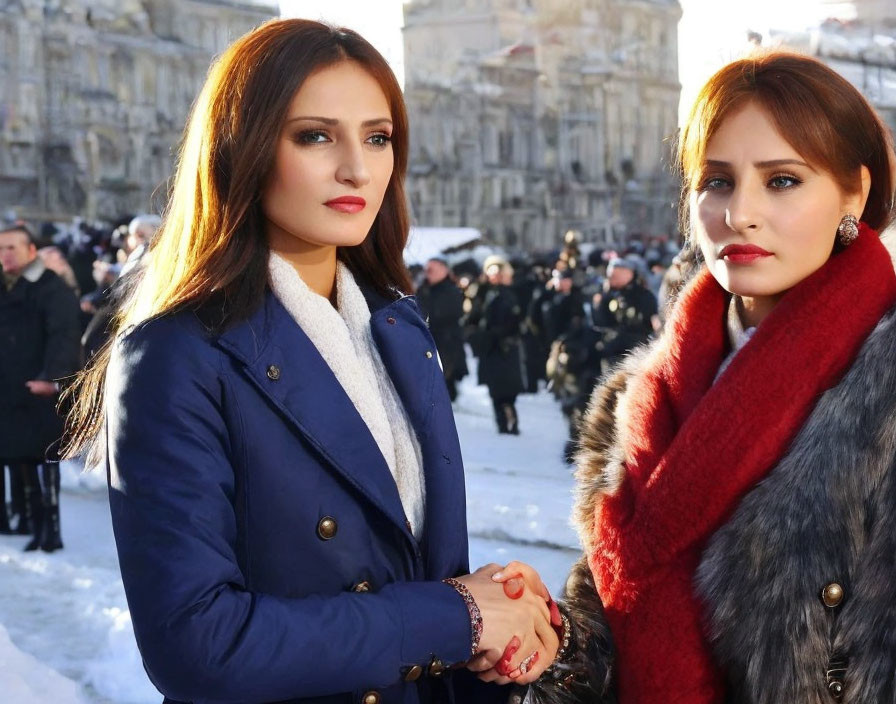 Two Women Holding Hands in Blue and Black Coats