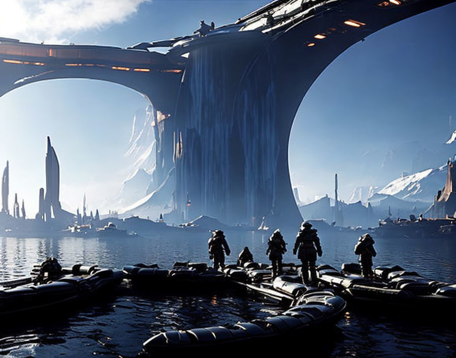 Soldiers in inflatable boats approach futuristic city with towering structures.