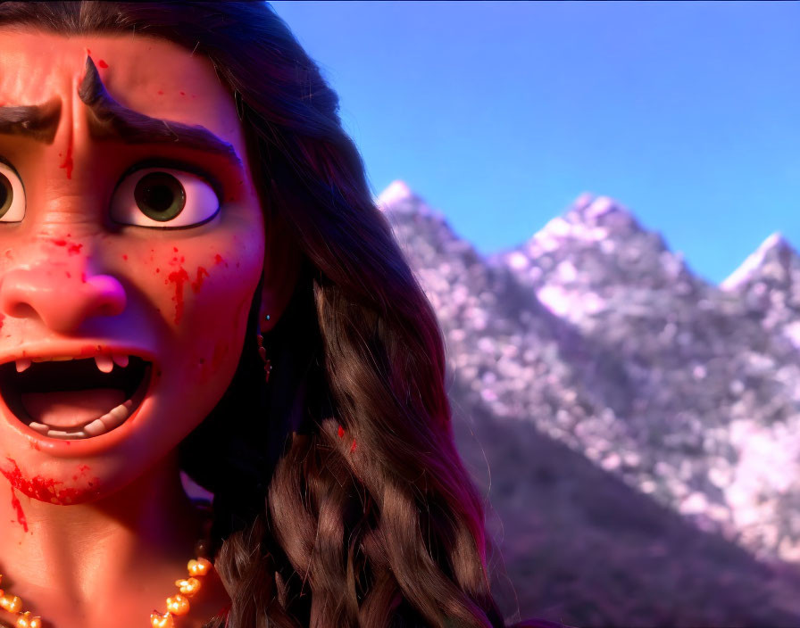 Concerned animated character with red marks, sunset mountain backdrop