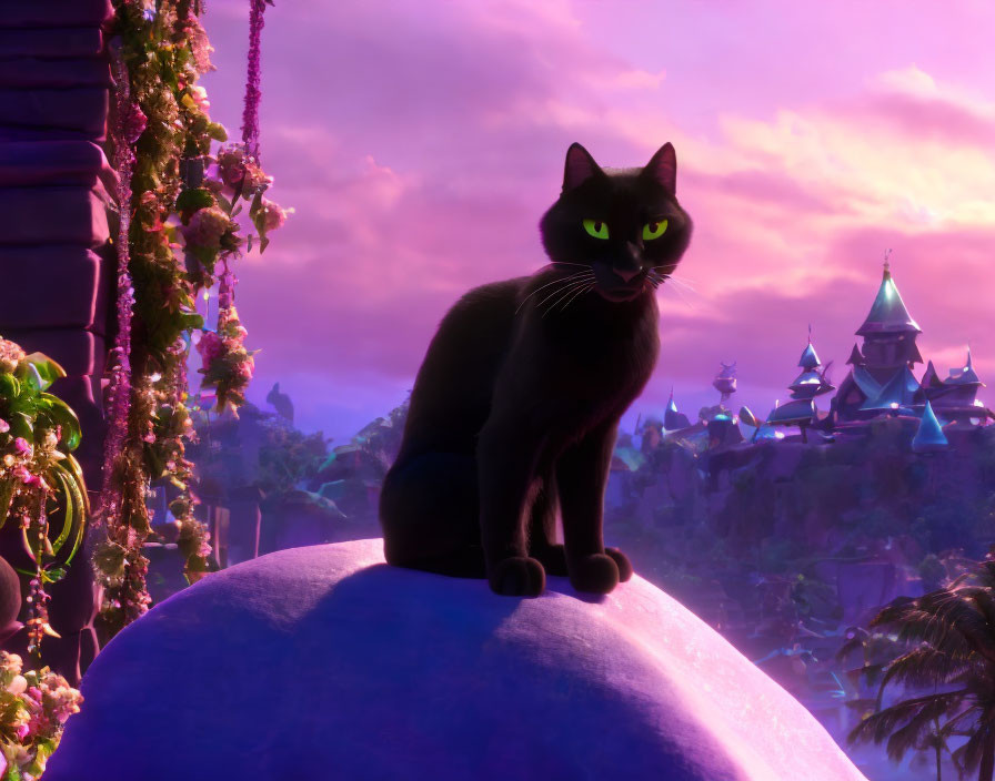 Animated black cat with green eyes on round structure against purple sunset and whimsical castle.