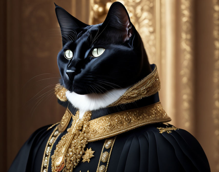 Black cat in gold-trimmed royal outfit against luxurious curtain