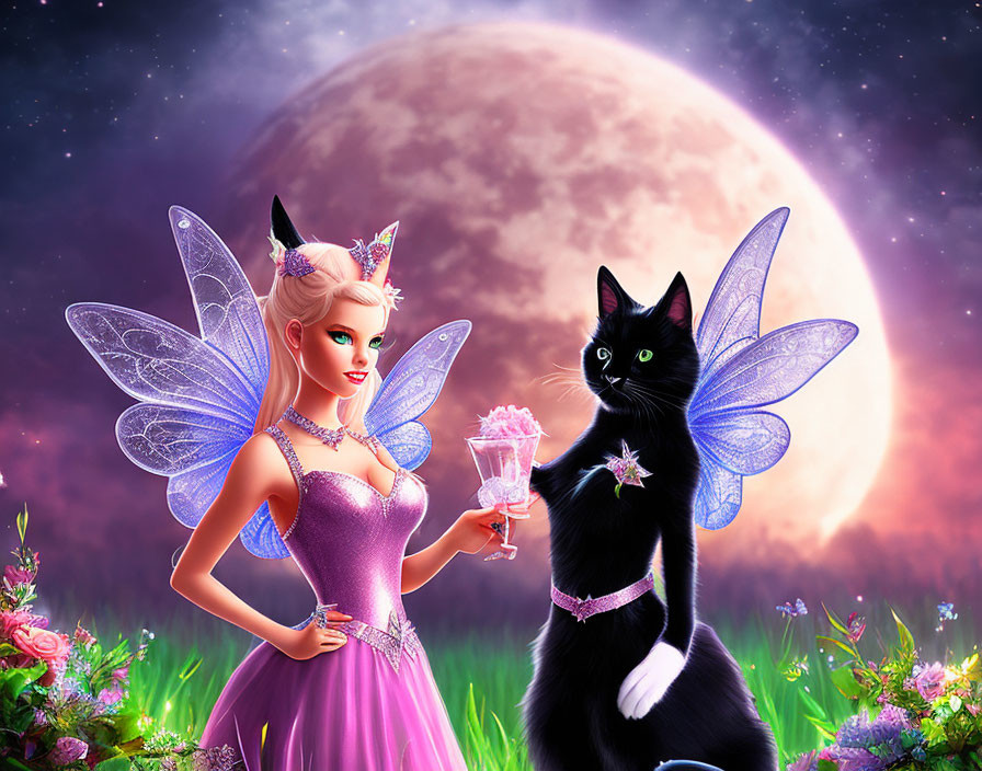 Purple dress fairy holds crystal with black cat and moon background