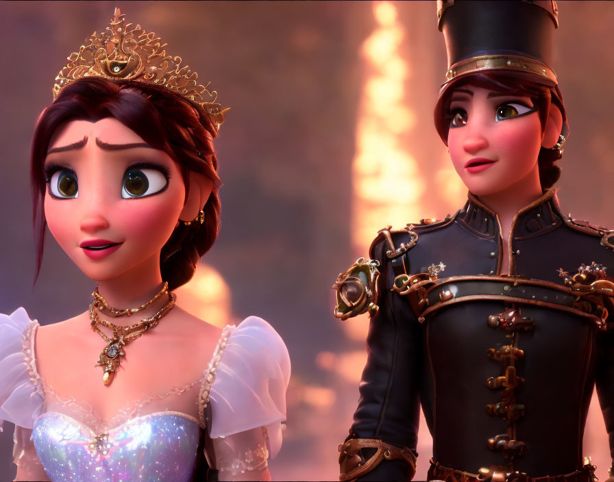 Animated characters: princess in tiara and gown, woman in military attire, standing together with warm glowing