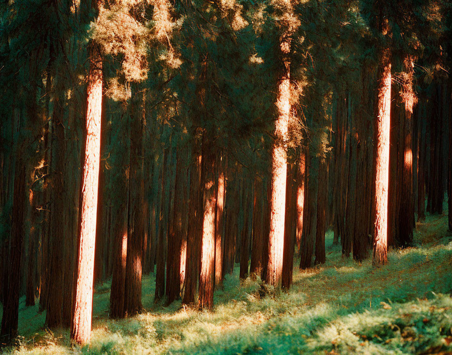 Sunlit Pine Forest with Tall Trees and Warm Glows