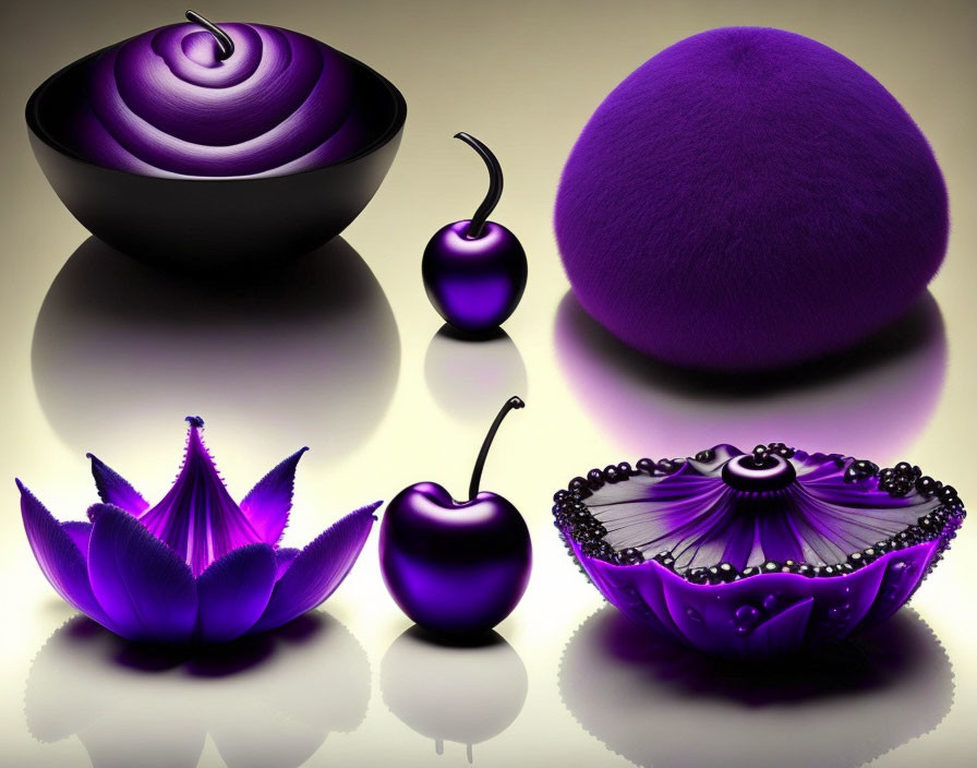 Purple glossy objects: sphere, bowl, flower, cherry, reflected on shiny surface