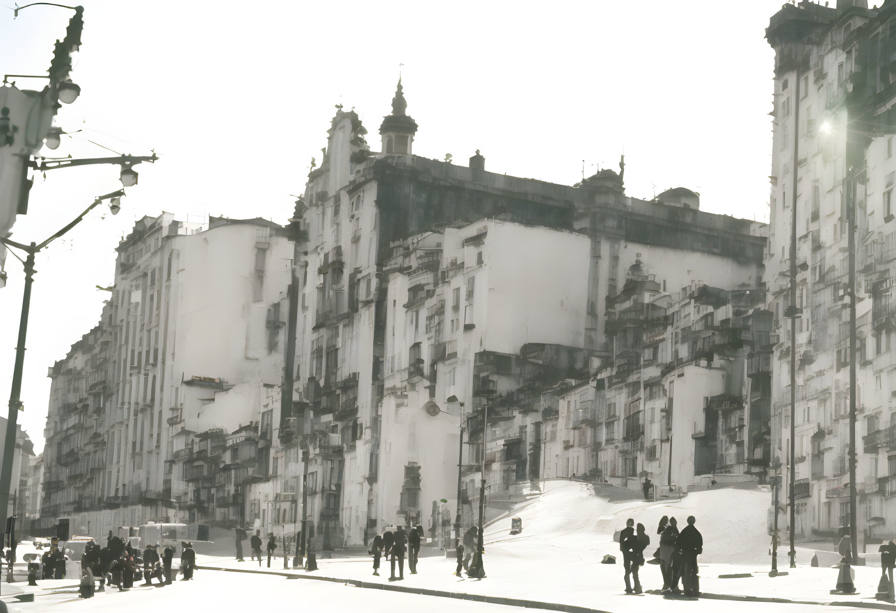 Faded vintage street scene with classic architecture and people milling about