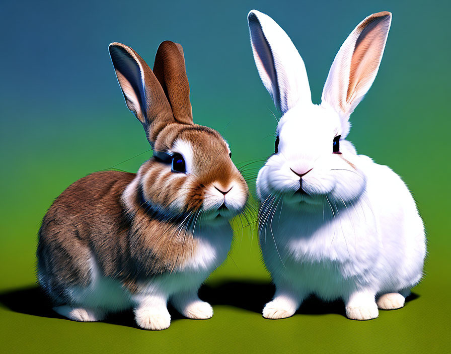 Realistic 3D-rendered brown and white bunnies on green background