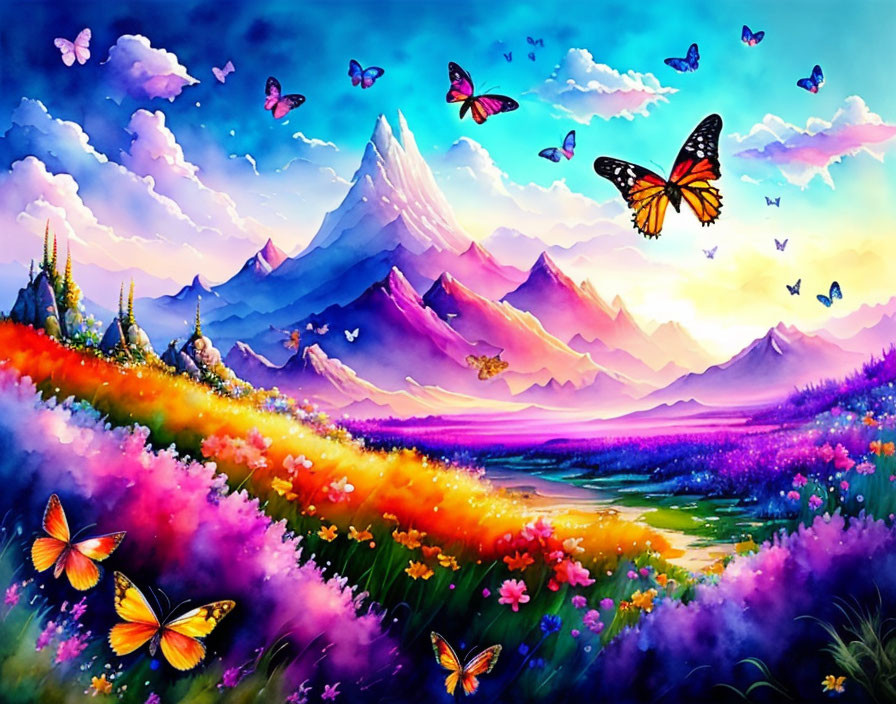 Colorful landscape painting with butterflies, flowers, river, and mountains at sunset