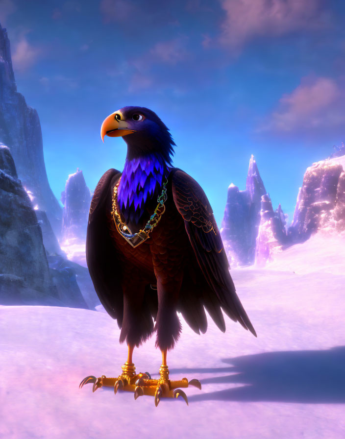 Animated eagle with golden beak and chain against icy purple mountains