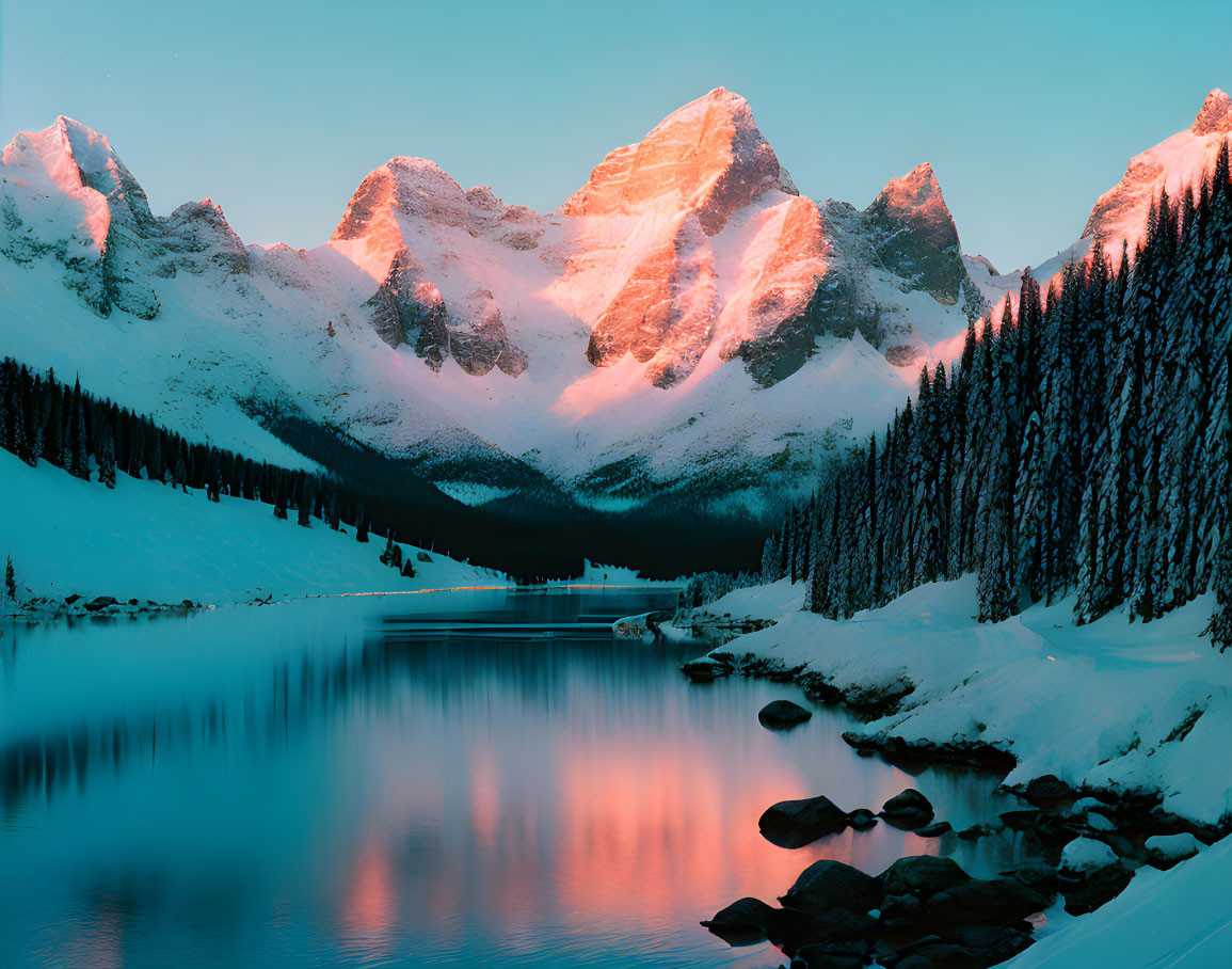 Snow-capped mountain peaks reflected in serene lake at sunrise