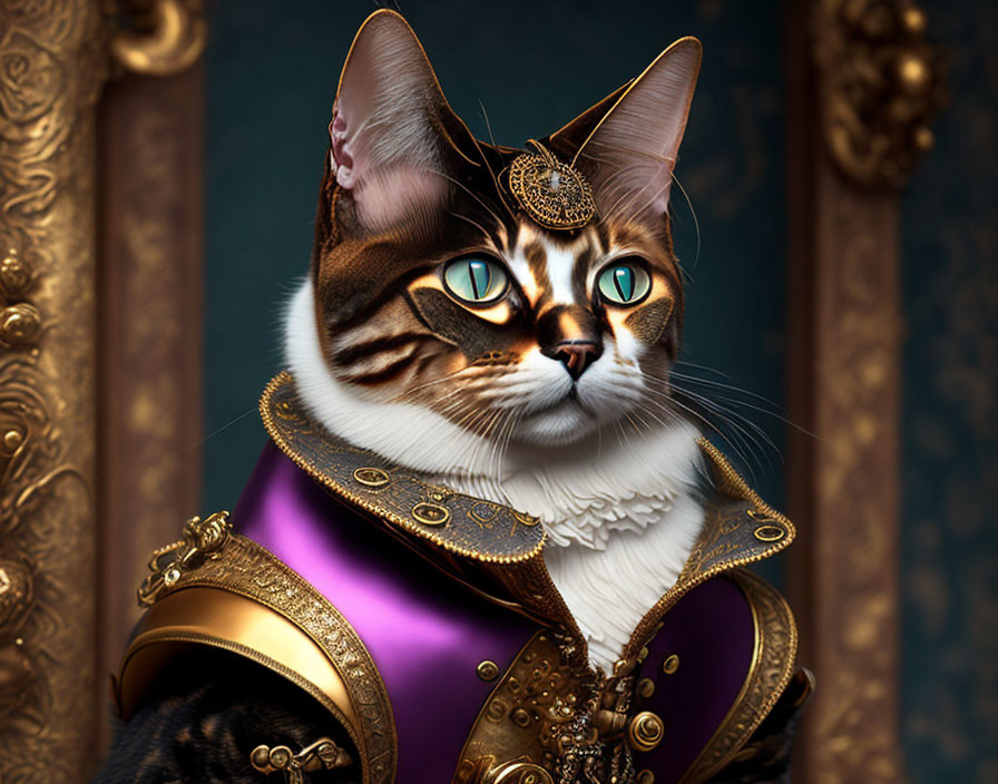 Digital Artwork: Cat with Human-Like Eyes in Royal Renaissance Attire