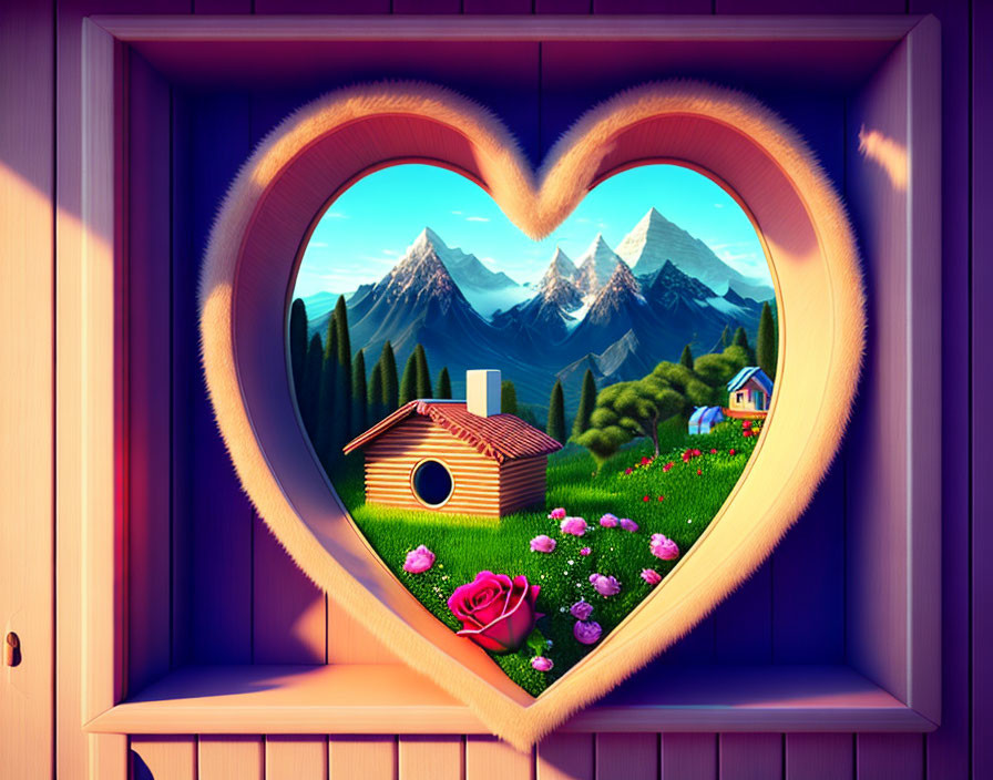 Heart-shaped window framing vibrant landscape with mountains, house, and flowers.