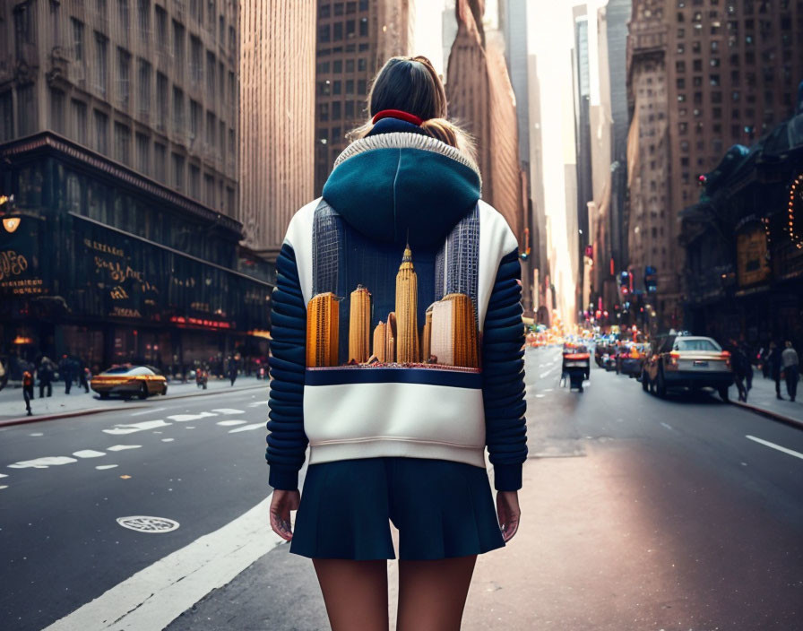 Woman in City Street with Skyline Design Jacket