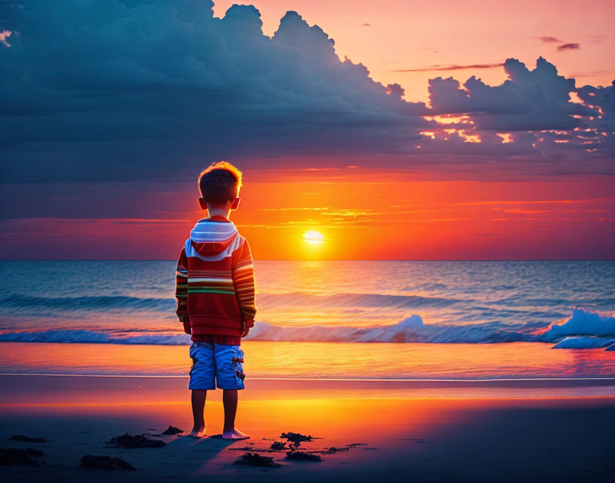 Child on Beach at Sunset Watching Vibrant Sky and Ocean Waves