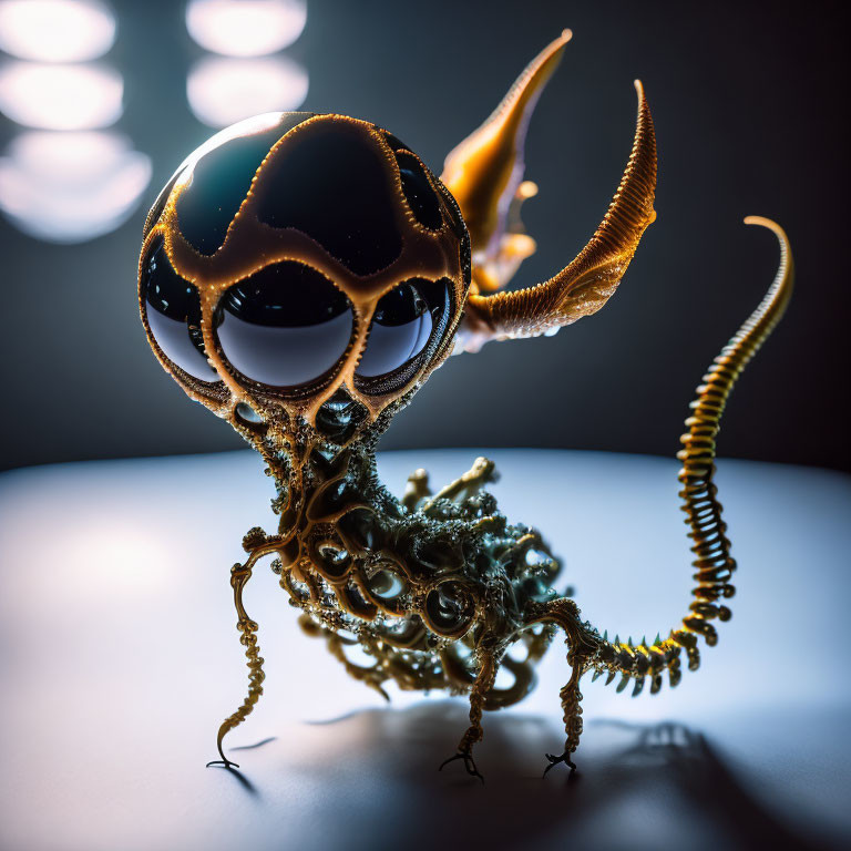 Metallic insect-like sculpture with glossy spherical head and detailed body on softly lit background.