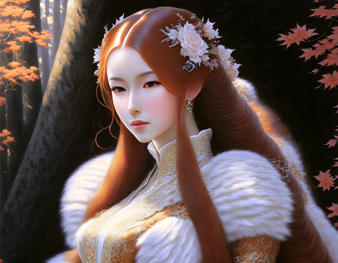 Illustration of woman with flowing hair and floral adornments in elegant attire against autumn backdrop