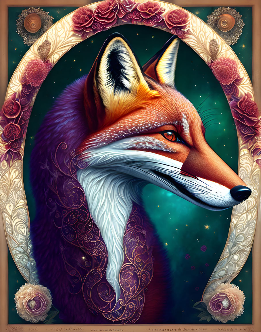 Detailed Fox Illustration with Cosmic Background and Ornate Frame