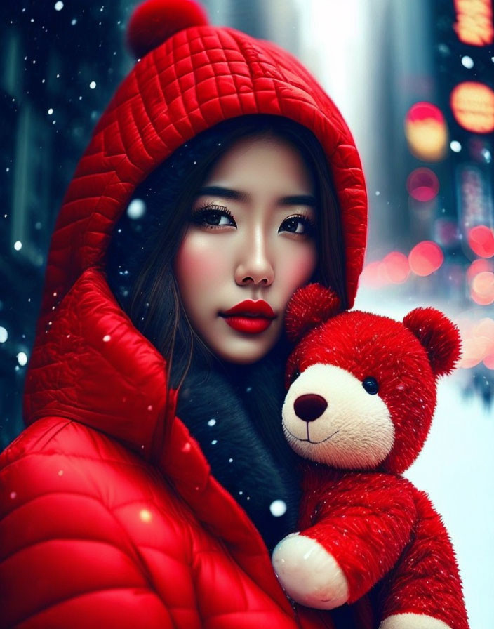 Woman in Red Hood with Teddy Bear in Snowy Cityscape