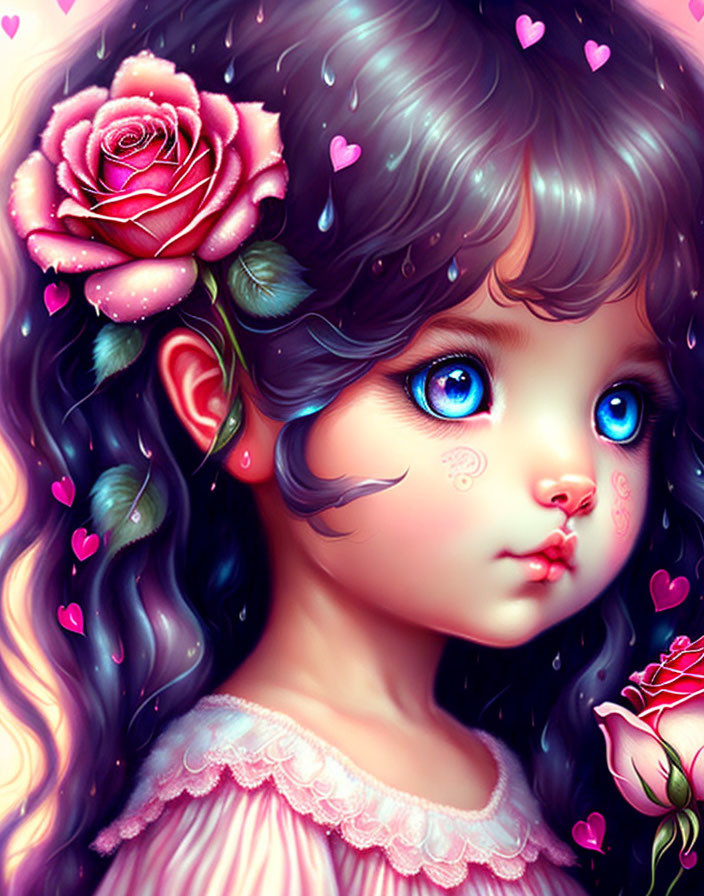 Colorful Illustration: Girl with Blue Eyes, Dark Hair, Pink Rose, Hearts