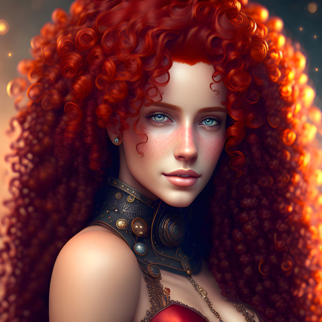 Digital Artwork: Woman with Red Curly Hair and Steampunk Collar Attire