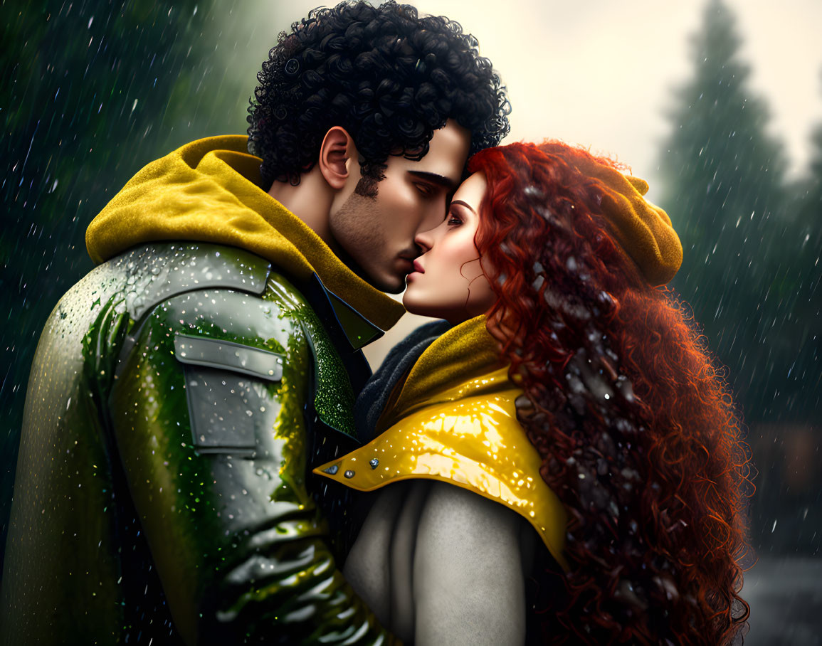 Couple Embracing in Rain with Green and Yellow Attire