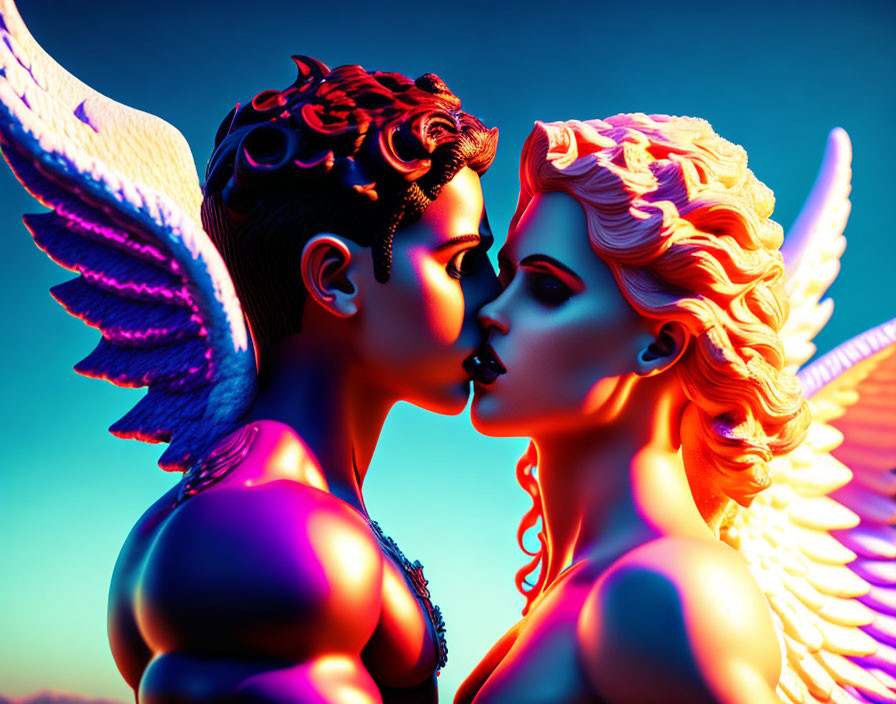 Detailed sculpture of vibrant angelic figures embracing on gradient background