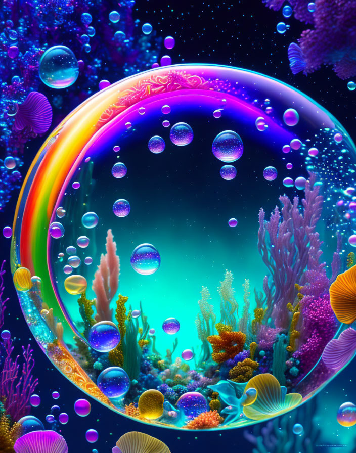 Colorful Coral Reef and Fish in Rainbow Bubble