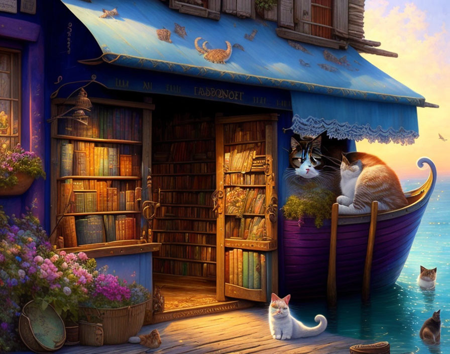 Whimsical bookshop by water with cats, boats, and flowers at twilight