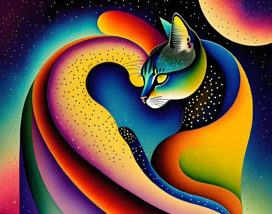 Colorful Surreal Cat Illustration with Cosmic Elements and Swirled Patterns