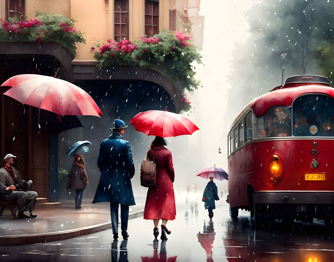 Rainy street scene with umbrellas, blooming flowers, red bus, and bystander